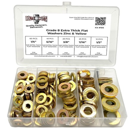 Boltsandnuts.Com Inch Grade 8 SAE Extra Thick Flat Washer Assortment - 168 PCS Assortment Kit #105